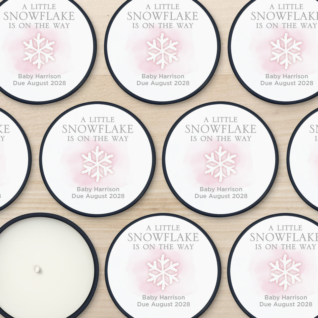 Personalized Candles, Baby Shower Candle Favors, A Little Snowflake is on the Way, Watercolor Snowflake, 2oz Mini Lavender Candles