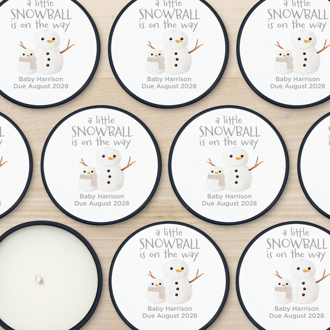 Personalized Candles, Baby Shower Candle Favors, A Little Snowball is on the Way, Watercolor Snowmen, 2oz Mini Lavender Candles