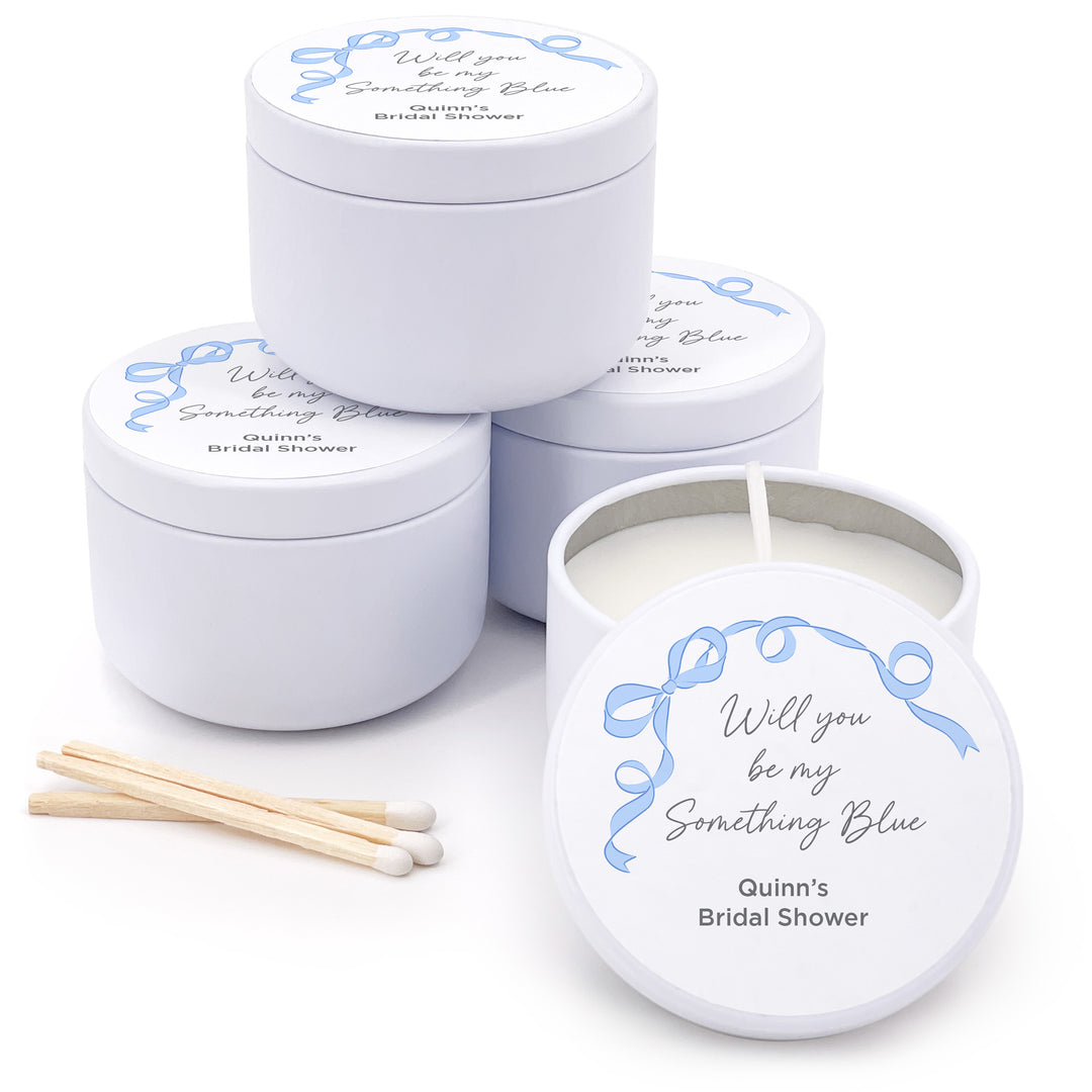 Bulk Wedding Favors, Unique Wedding Favors, Custom Candles, Hand Drawn Ribbon, Something Blue, 2oz Mini Lavender Candles