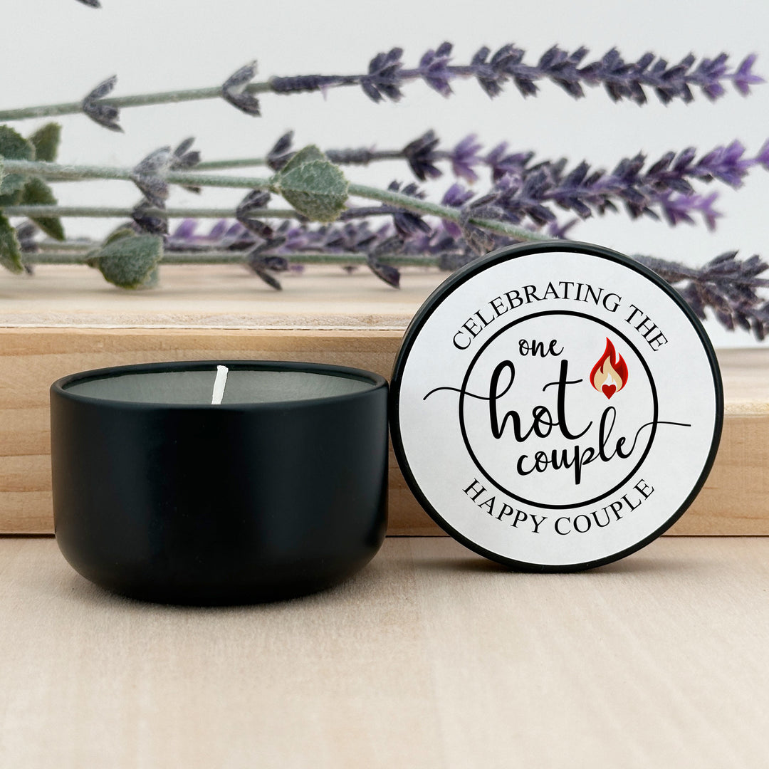 Bulk Wedding Favors, Unique Wedding Favors, Custom Candles, One Hot Couple, 2oz Mini Lavender Candles