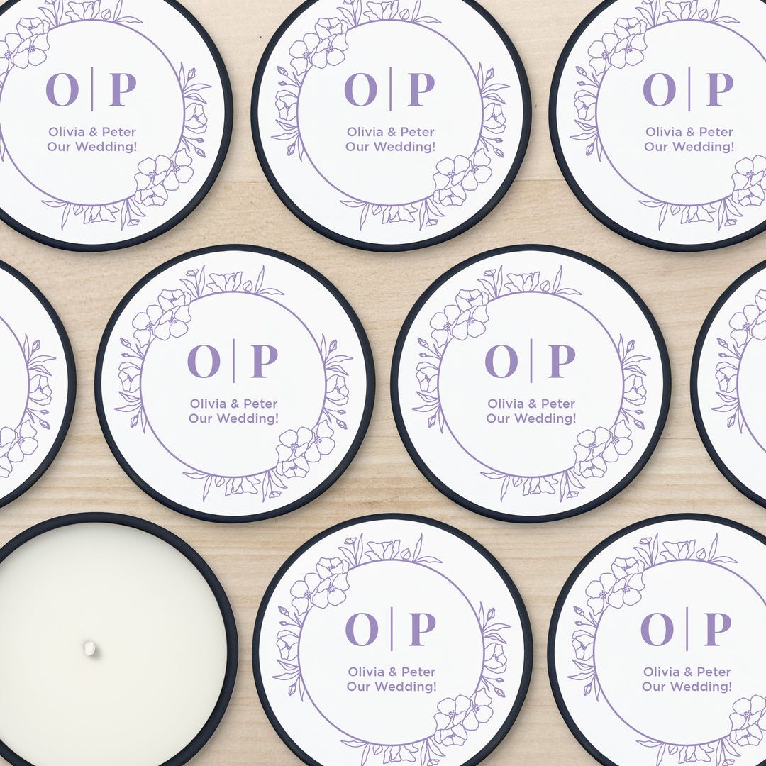 Unique Wedding Favors, Personalized Candles, Floral Line Drawing, 2oz Mini Lavender Candles