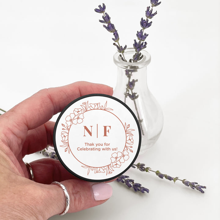 Unique Wedding Favors, Personalized Candles, Floral Line Drawing, 2oz Mini Lavender Candles